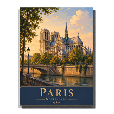 Paris Notre-Dame Cathedral beside the Seine River with Gothic architecture, stone bridge, riverside trees and golden sunset Paint by Numbers by PaintEasy