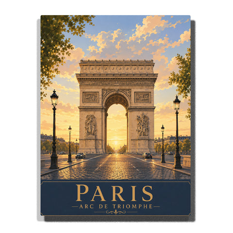 Paris Arc de Triomphe monument at sunset with Champs-Élysées avenue, classic street lamps, trees and golden reflections Paint by Numbers by PaintEasy