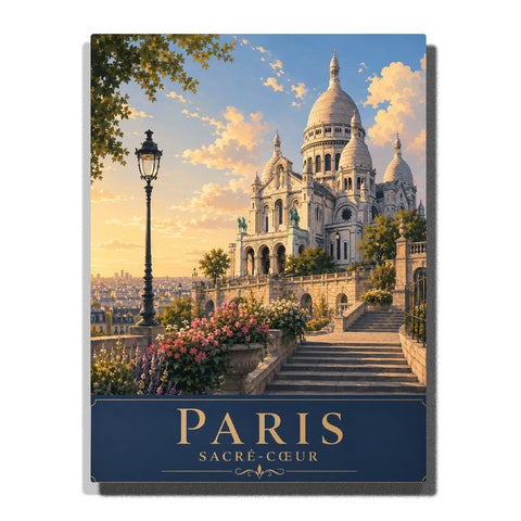 Paris Sacré-Cœur Basilica above Montmartre with grand stone staircases, blooming flower gardens, classic street lamps and golden sunset Paint by Numbers by PaintEasy