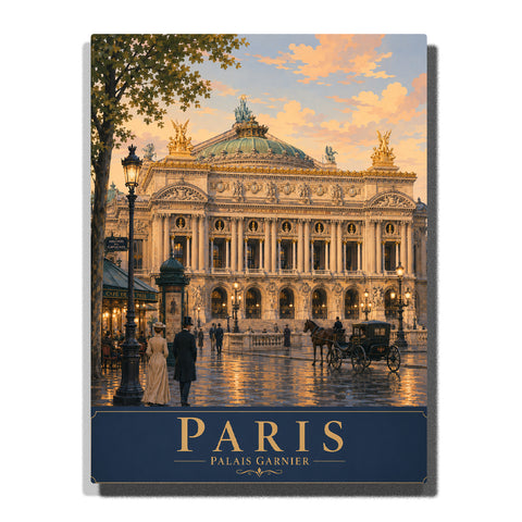 Paris Palais Garnier Opera House with grand Beaux-Arts architecture, horse-drawn carriage, glowing street lamps and golden evening reflections Paint by Numbers by PaintEasy