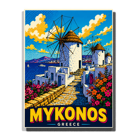 Iconic Mykonos Greece windmills surrounded by whitewashed houses, colorful flowers, cobblestone streets and Aegean Sea in geometric travel poster style Paint by Numbers by PaintEasy