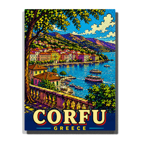 Colorful Corfu Greece harbor with seaside village, Mediterranean boats, hillside homes, lush trees and Ionian Sea in geometric travel poster style Paint by Numbers by PaintEasy