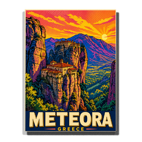 Meteora Greece cliff monasteries perched on towering sandstone rock formations with glowing sunset, mountain peaks and lush valley in geometric travel poster style Paint by Numbers by PaintEasy