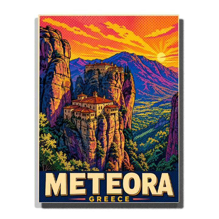 Meteora Greece cliff monasteries perched on towering sandstone rock formations with glowing sunset, mountain peaks and lush valley in geometric travel poster style Paint by Numbers by PaintEasy