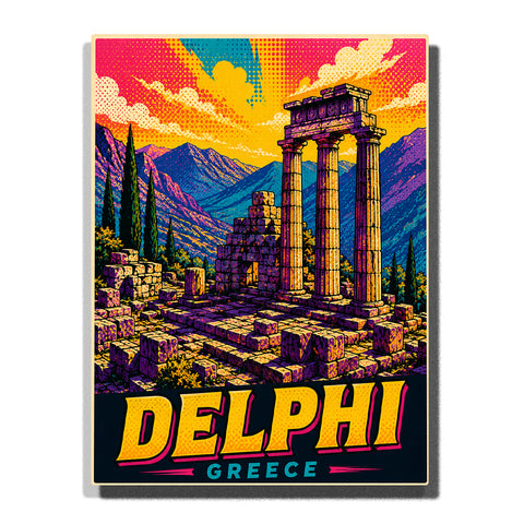 Ancient Delphi Greece temple ruins with towering Doric columns, mountain landscape, glowing sunset and geometric travel poster style Paint by Numbers by PaintEasy