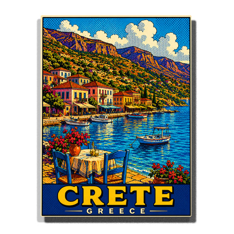 Crete Greece seaside harbor with colorful waterfront village, fishing boats, mountain cliffs, Mediterranean sea and geometric travel poster style Paint by Numbers by PaintEasy