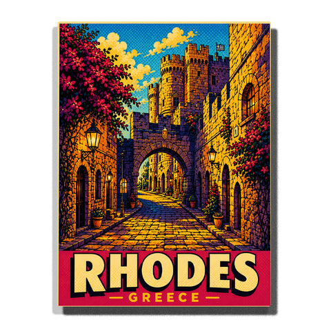 Rhodes Greece medieval castle street with stone archway, fortress towers, cobblestone road, flowering vines and warm lantern light Paint by Numbers by PaintEasy