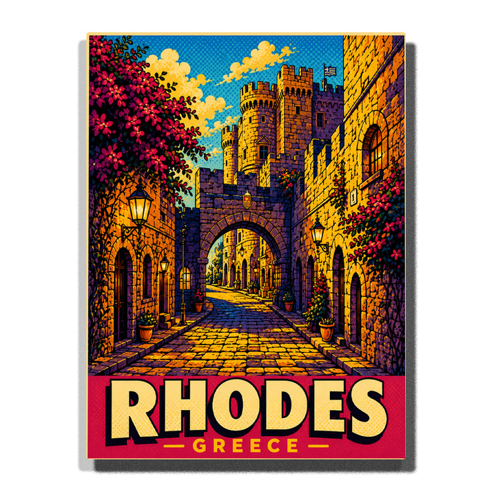 Rhodes Greece medieval castle street with stone archway, fortress towers, cobblestone road, flowering vines and warm lantern light Paint by Numbers by PaintEasy