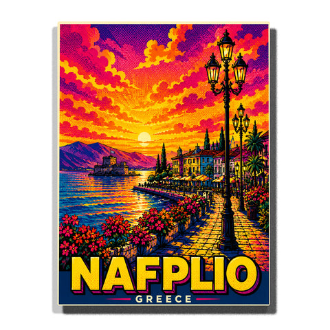 Nafplio Greece seaside promenade with waterfront buildings, castle bay, colorful flowers, street lamps and glowing sunset over the Mediterranean coast Paint by Numbers by PaintEasy