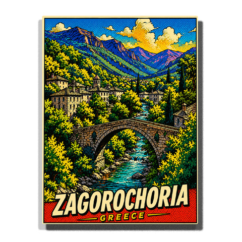 Zagorochoria Greece mountain village with stone bridge, flowing river, forest landscape, hillside houses and colorful mountains Paint by Numbers by PaintEasy