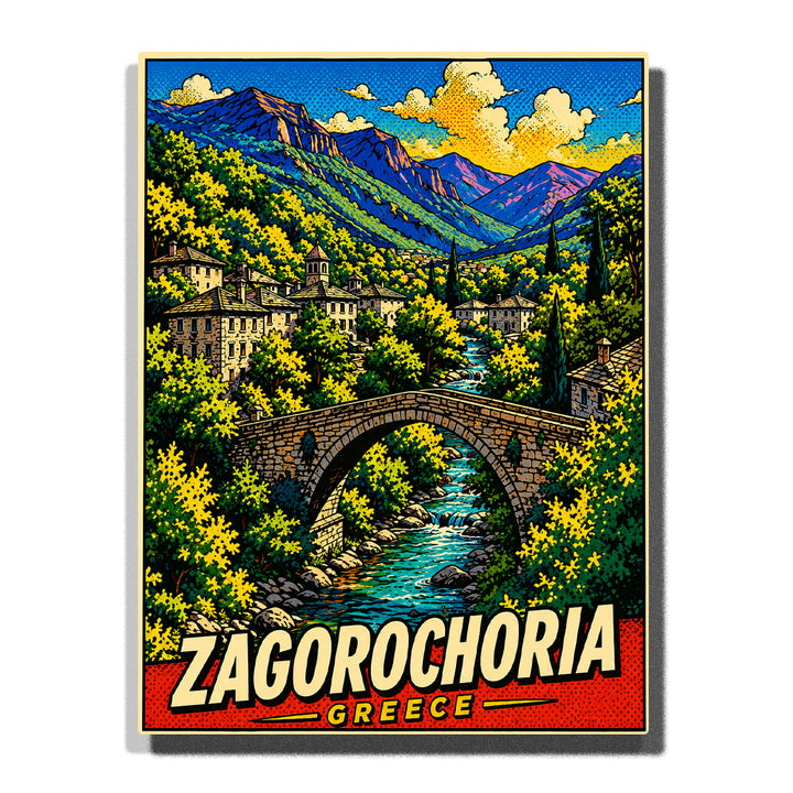 Zagorochoria Greece mountain village with stone bridge, flowing river, forest landscape, hillside houses and colorful mountains Paint by Numbers by PaintEasy