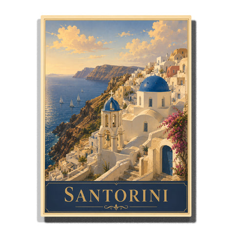 Santorini Greece white village with blue domed churches overlooking Aegean Sea, cliffside buildings, sailing boats and Mediterranean landscape Paint by Numbers by PaintEasy