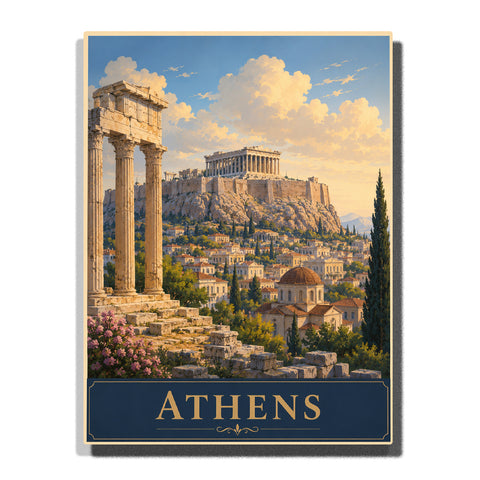 Athens Greece Acropolis with Parthenon temple, ancient stone columns, historic ruins, Mediterranean city view and golden sky Paint by Numbers by PaintEasy