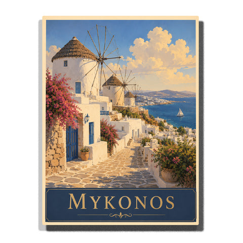 Mykonos Greece windmills with white village streets, Cycladic buildings, Aegean Sea view, flowers and Mediterranean coastal landscape Paint by Numbers by PaintEasy