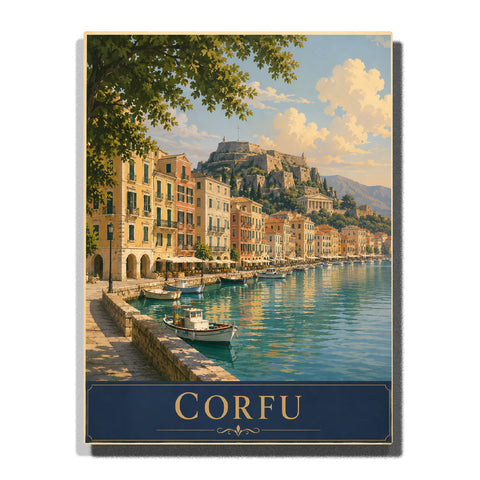 Corfu Greece coastal town with harbor boats, historic fortress, colorful buildings, blue sea, waterfront promenade and Mediterranean landscape Paint by Numbers by PaintEasy