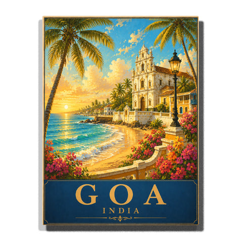 Portuguese church overlooking Goa beach with palm trees, tropical flowers, golden sunset and Arabian Sea in vintage travel poster style Paint by Numbers by PaintEasy