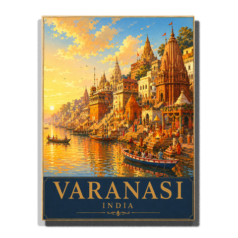 Historic Varanasi India ghats along the Ganges River with golden temples, traditional boats, glowing sunset and riverside architecture Paint by Numbers by PaintEasy