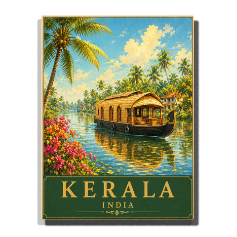 Traditional Kerala India houseboat cruising through tropical backwaters with coconut palms, colorful flowers, calm reflections and riverside village Paint by Numbers by PaintEasy