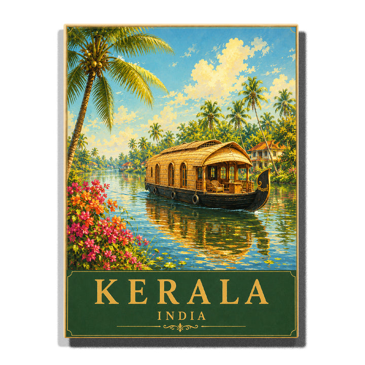 Traditional Kerala India houseboat cruising through tropical backwaters with coconut palms, colorful flowers, calm reflections and riverside village Paint by Numbers by PaintEasy