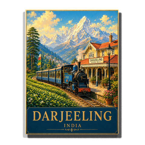 Darjeeling India Himalayan Railway steam train arriving at a historic mountain station with tea gardens, colonial buildings and snow-capped Himalayan peaks Paint by Numbers by PaintEasy