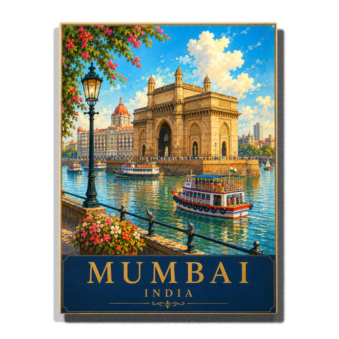 Mumbai India Gateway of India overlooking the Arabian Sea with colorful ferries, waterfront promenade, blooming flowers and city skyline Paint by Numbers by PaintEasy