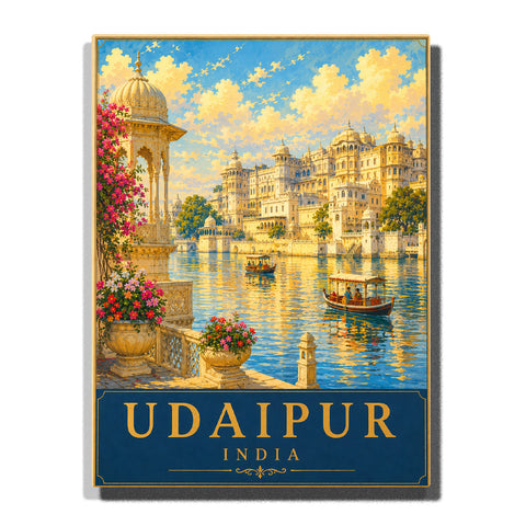 Udaipur India Lake Palace with royal waterfront architecture, traditional boats, flower gardens, domes and golden reflections on the lake Paint by Numbers by PaintEasy