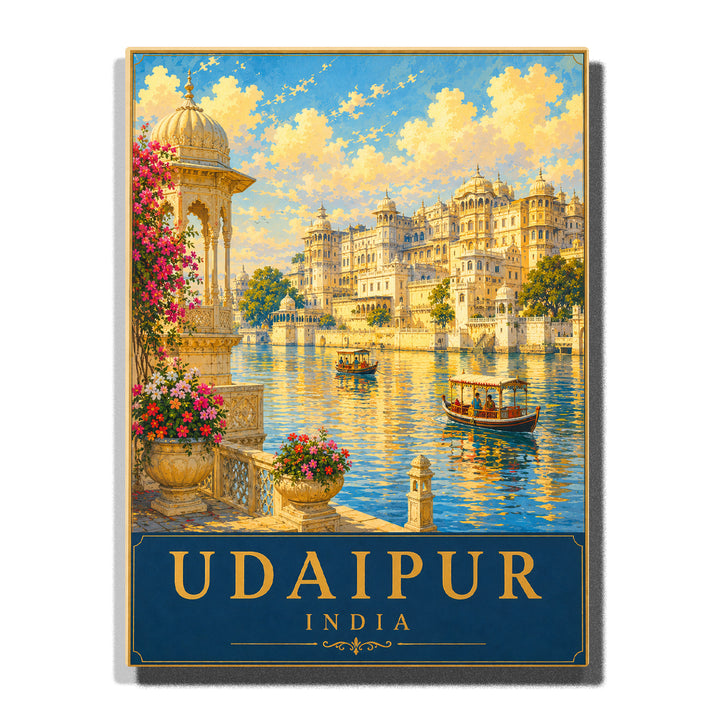 Udaipur India Lake Palace with royal waterfront architecture, traditional boats, flower gardens, domes and golden reflections on the lake Paint by Numbers by PaintEasy