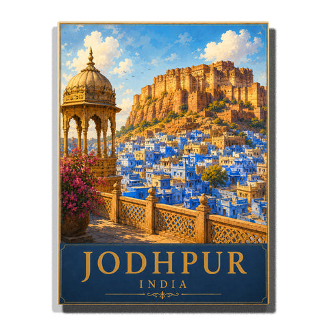 Jodhpur India Mehrangarh Fort overlooking Blue City houses with royal pavilion, sandstone architecture, flowers and bright sky Paint by Numbers by PaintEasy