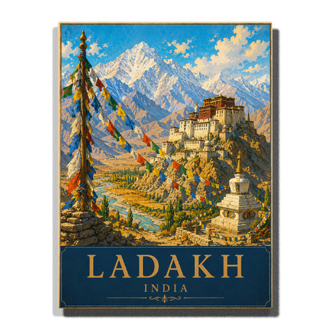 Ladakh India Himalayan monastery on mountain cliff with snow peaks, prayer flags, river valley and traditional Buddhist architecture Paint by Numbers by PaintEasy