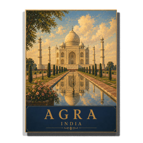 Agra India Taj Mahal with reflecting pool, Mughal garden pathways, white marble architecture, trees and golden sunset sky Paint by Numbers by PaintEasy