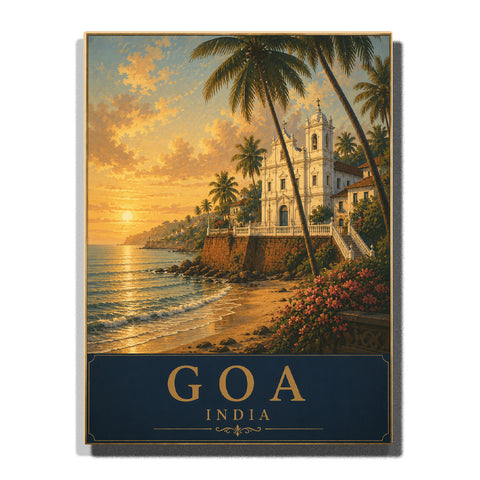 Goa India beachfront church with palm trees, sunset ocean, tropical flowers, sandy beach and coastal landscape Paint by Numbers by PaintEasy