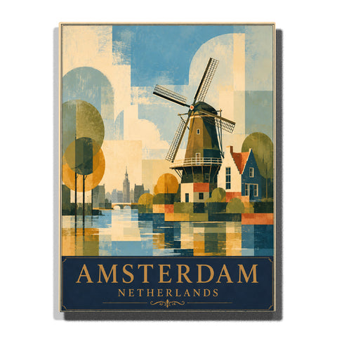 Traditional Amsterdam windmill beside a peaceful canal with Dutch houses, geometric trees and vintage travel poster style Paint by Numbers by PaintEasy