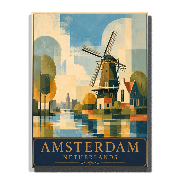Traditional Amsterdam windmill beside a peaceful canal with Dutch houses, geometric trees and vintage travel poster style Paint by Numbers by PaintEasy