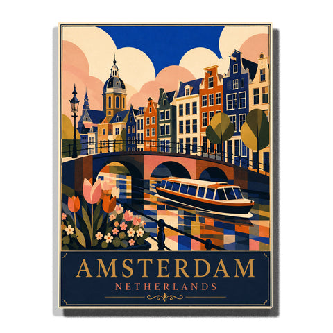 Historic Amsterdam canal bridge with colorful Dutch houses, sightseeing boat, blooming tulips and church dome in geometric travel poster style Paint by Numbers by PaintEasy