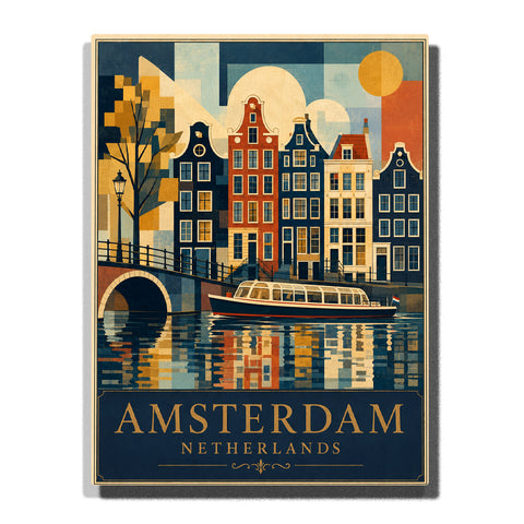 Amsterdam Netherlands canal houses with sightseeing boat, stone bridge, colorful reflections and geometric travel poster style Paint by Numbers by PaintEasy