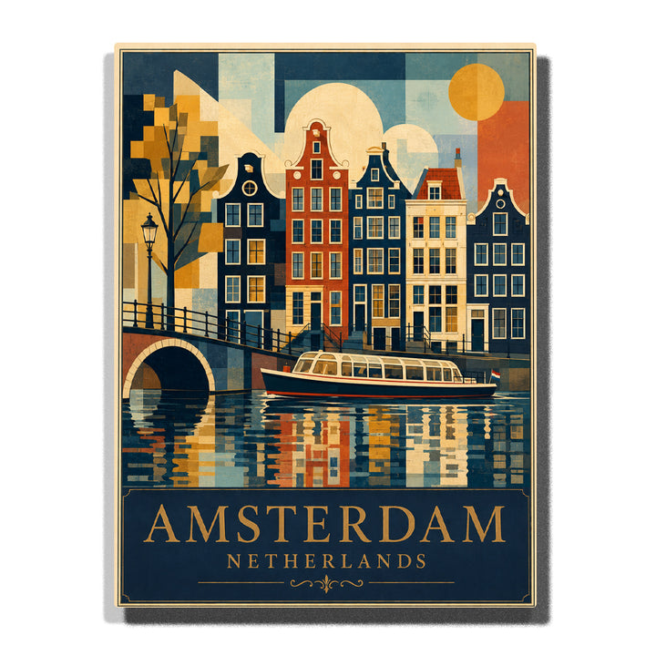 Amsterdam Netherlands canal houses with sightseeing boat, stone bridge, colorful reflections and geometric travel poster style Paint by Numbers by PaintEasy