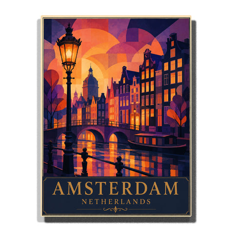Amsterdam evening canal with glowing Dutch houses, illuminated street lamp, stone bridge, canal boat and colorful reflections in geometric travel poster style Paint by Numbers by PaintEasy
