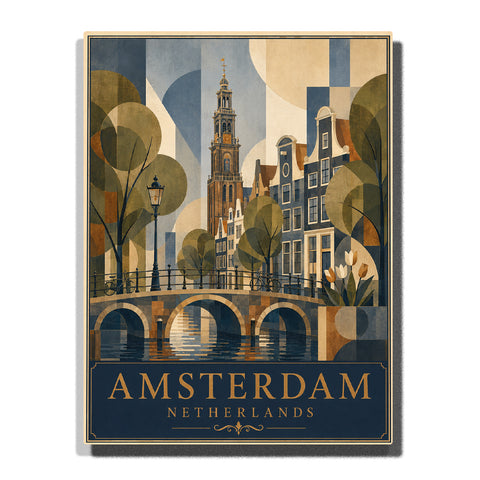 Amsterdam Westerkerk Tower above a canal bridge with Dutch canal houses, geometric trees, calm water reflections and modern travel poster style Paint by Numbers by PaintEasy