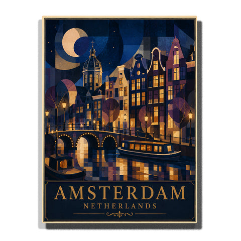 Amsterdam Netherlands night canal with glowing Dutch houses, stone bridge, canal boat, crescent moon and colorful water reflections Paint by Numbers by PaintEasy