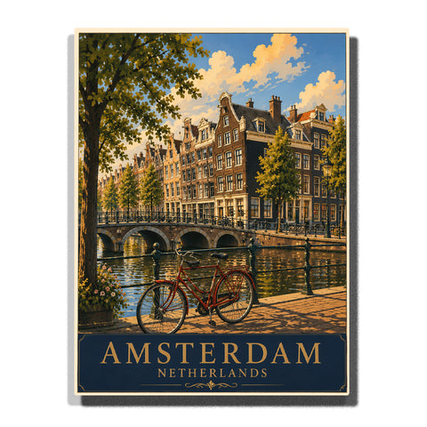 Amsterdam Netherlands canal houses with bicycle, historic stone bridge, waterfront trees, reflections and traditional Dutch architecture Paint by Numbers by PaintEasy