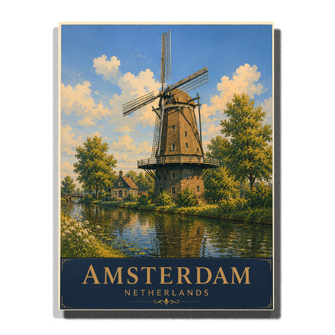 Amsterdam windmill beside canal with historic houses, green trees, water reflections and Dutch countryside landscape Paint by Numbers by PaintEasy