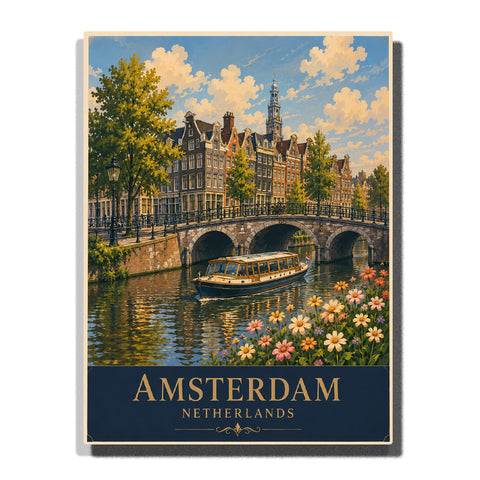Amsterdam canal bridge with sightseeing boat, historic Dutch buildings, flowers, trees and waterfront city landscape Paint by Numbers by PaintEasy
