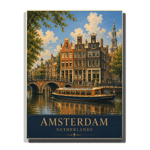 Amsterdam canal houses with historic stone bridge, sightseeing boat, waterfront trees, water reflections and Dutch city architecture Paint by Numbers by PaintEasy