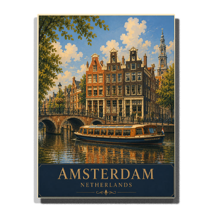 Amsterdam canal houses with historic stone bridge, sightseeing boat, waterfront trees, water reflections and Dutch city architecture Paint by Numbers by PaintEasy