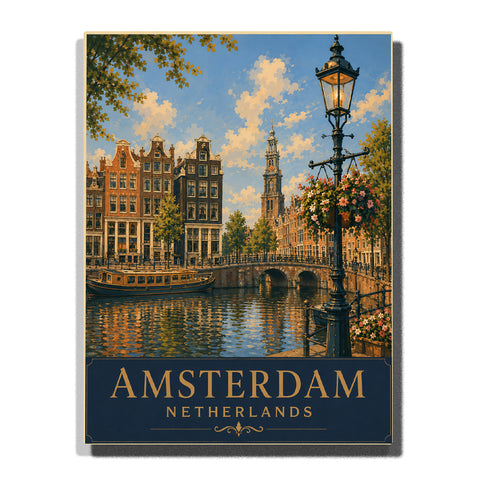 Amsterdam canal houses with historic stone bridge, sightseeing boat, waterfront trees, water reflections and Dutch city architecture Paint by Numbers by PaintEasy
