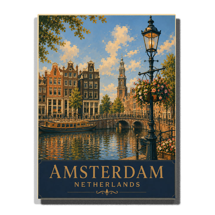 Amsterdam canal houses with historic stone bridge, sightseeing boat, waterfront trees, water reflections and Dutch city architecture Paint by Numbers by PaintEasy