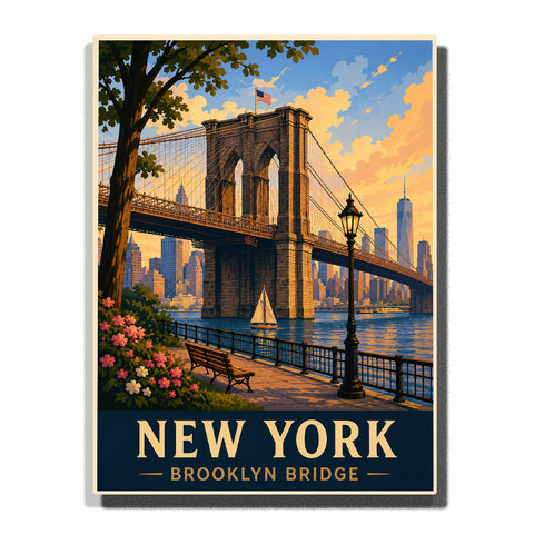 New York Brooklyn Bridge spanning the East River with Manhattan skyline, One World Trade Center, waterfront park, sailboat and golden sunset Paint by Numbers by PaintEasy
