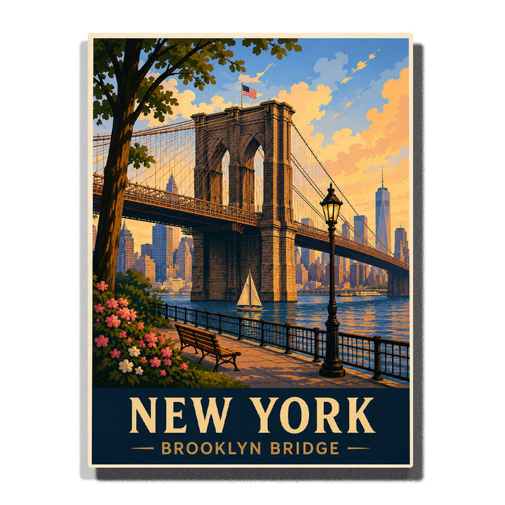 New York Brooklyn Bridge spanning the East River with Manhattan skyline, One World Trade Center, waterfront park, sailboat and golden sunset Paint by Numbers by PaintEasy