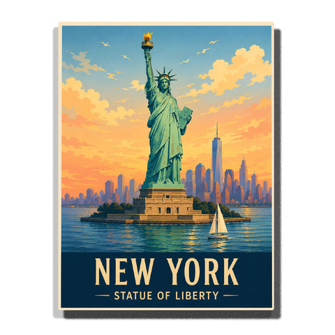 New York Statue of Liberty overlooking New York Harbor with Manhattan skyline, One World Trade Center, sailboat and glowing sunset sky Paint by Numbers by PaintEasy