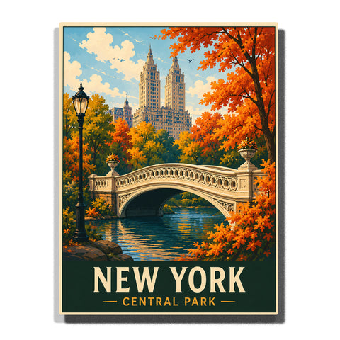 New York Central Park bridge with autumn trees, lake reflections, street lamps and Manhattan skyline in the background Paint by Numbers by PaintEasy